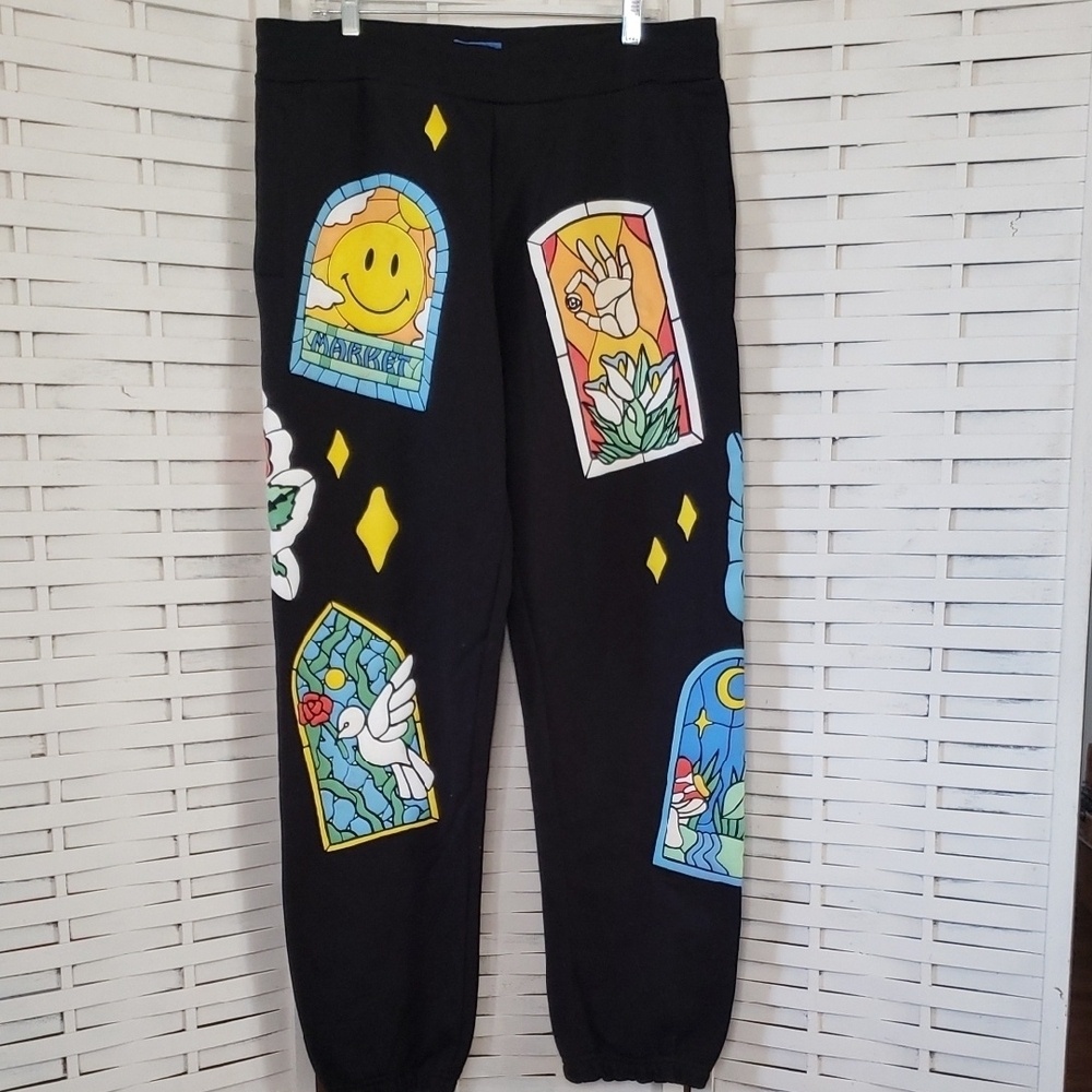 Market Smiley Cathedral Black Graphic Joggers Mens Size XXL